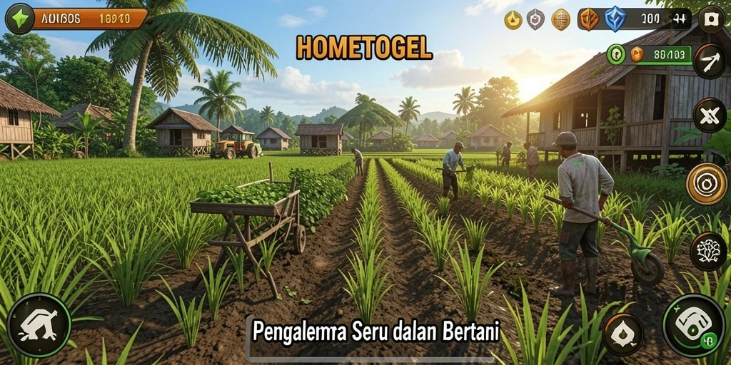 Screenshot utama HOMETOGEL menampilkan gameplay bertani yang menyenangkan.