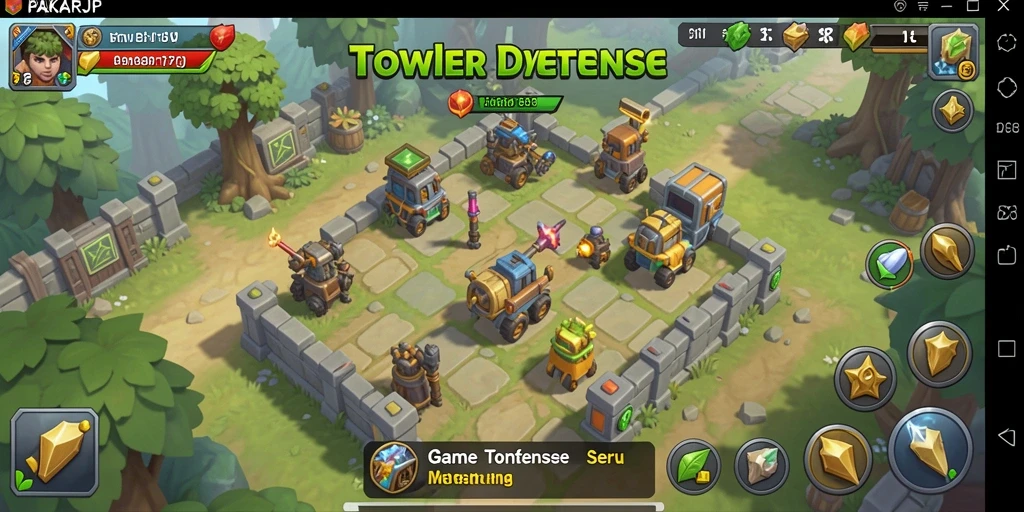Screenshot gameplay PAKARJP yang menunjukkan menara bertahan dan musuh yang menyerang.