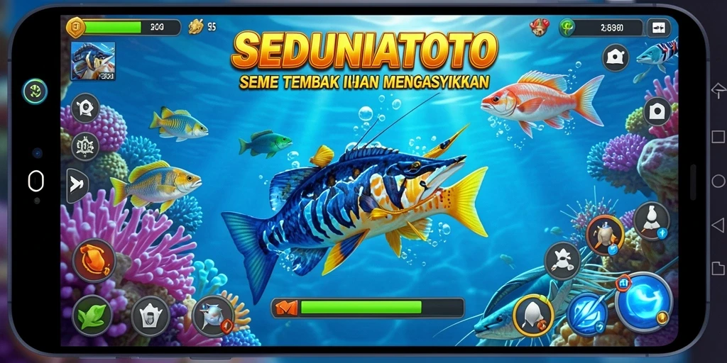 Gameplay SEDUNIATOTO dengan aksi tembak ikan yang seru.